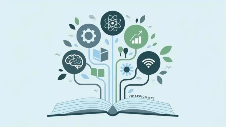 Una imagen que representa la actualización de habilidades profesionales y el cambio de carrera mediante cursos y recursos para reinventarte - En el centro, un árbol estilizado con ramas que se transforman en diversos iconos: un engranaje, un átomo, un gráfico ascendente, un cerebro, y un símbolo de wifi. El árbol crece desde un libro abierto en la base. Los colores son suaves y profesionales: azules, verdes y grises. El estilo es moderno y ligeramente abstracto, adecuado para un artículo sobre desarrollo profesional.