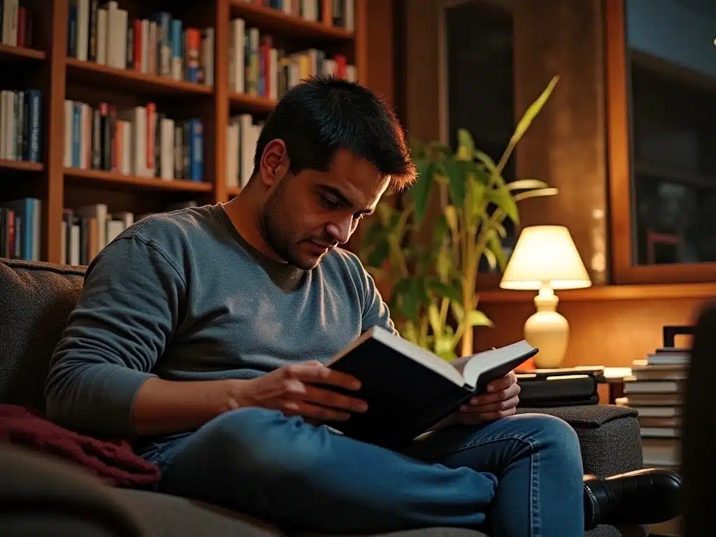 Foto de Maurino Loyola sentado en un sillón cómodo en una biblioteca hogareña, con un libro abierto en las manos, vistiendo un suéter casual, expresión relajada y concentrada, luz cálida de una lámpara, estanterías llenas de libros y una planta grande en el fondo.