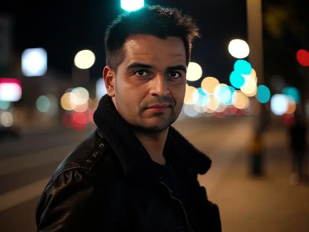 Maurino Loyola fundador de Videa Épica caminando por una ciudad durante la noche, con iluminación al fondo Lleva una chaqueta de cuero y una mirada de exploración.