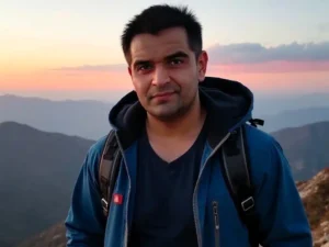 Retrato de Maurino Loyola, fundador de Vida Épica, en cima de montaña al amanecer. Viste ropa outdoor: chaqueta técnica azul royal, camiseta ajustada azul marino. Postura erguida y segura, de frente, mirada directa a cámara con determinación, sonrisa sutil pero inspiradora. Luz dorada del amanecer ilumina desde la izquierda, creando contraste dramático y acentuando rasgos. Fondo: vasto paisaje montañoso, picos nevados, cielo con vibrantes tonos rosados y naranjas.