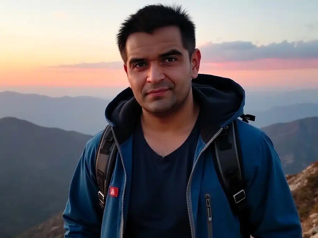 Retrato de Maurino Loyola, fundador de Vida Épica, en cima de montaña al amanecer. Hombre atlético de 30-35 años viste ropa outdoor: chaqueta técnica azul royal, camiseta ajustada azul marino. Postura erguida y segura, de frente, mirada directa a cámara con determinación, sonrisa sutil pero inspiradora. Luz dorada del amanecer ilumina desde la izquierda, creando contraste dramático y acentuando rasgos. Fondo: vasto paisaje montañoso, picos nevados, cielo con vibrantes tonos rosados y naranjas.