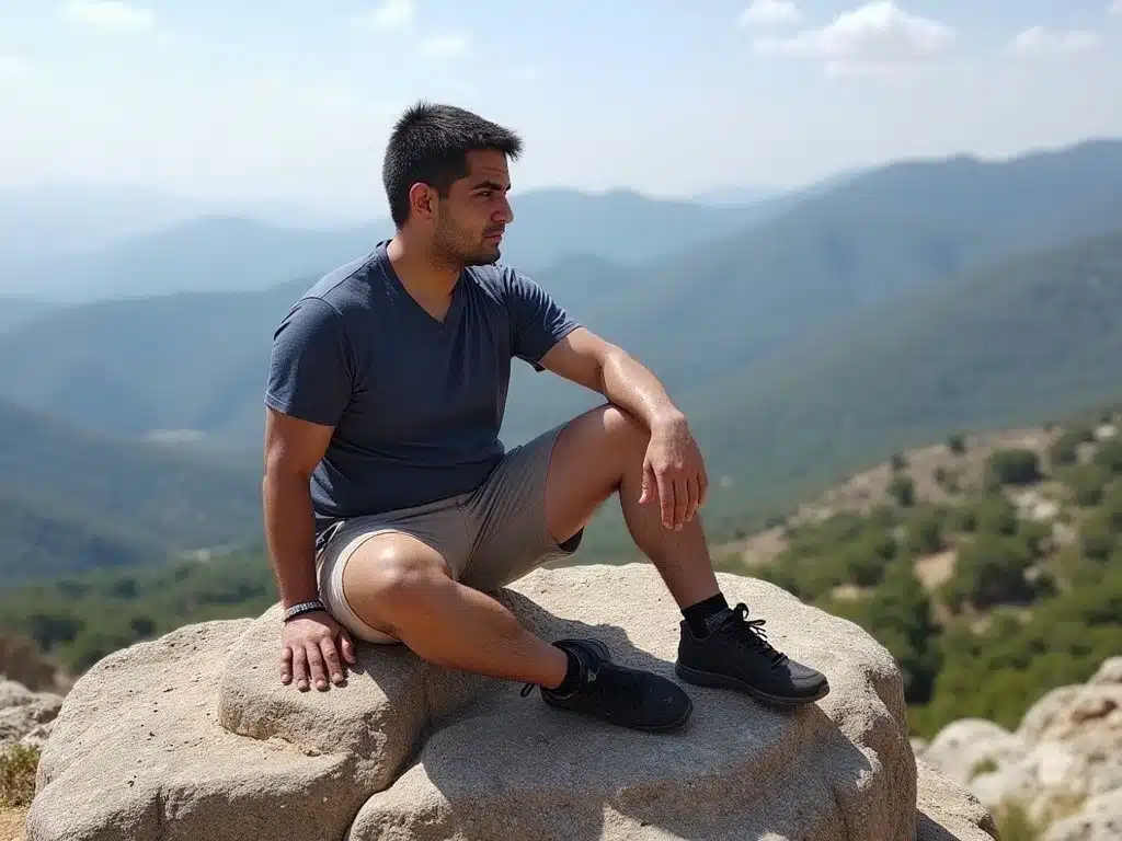 Foto de Maurino M. Loyola sentado en una roca, con un hermoso paisaje montañoso al fondo, vestido con ropa casual de aventura. La postura relajada y el ambiente natural transmiten una sensación de libertad y bienestar físico.
