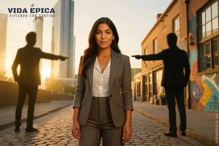 Mujer profesional de pie ante un cruce de caminos, enfrentando críticas mientras elige un nuevo rumbo profesional con determinación.